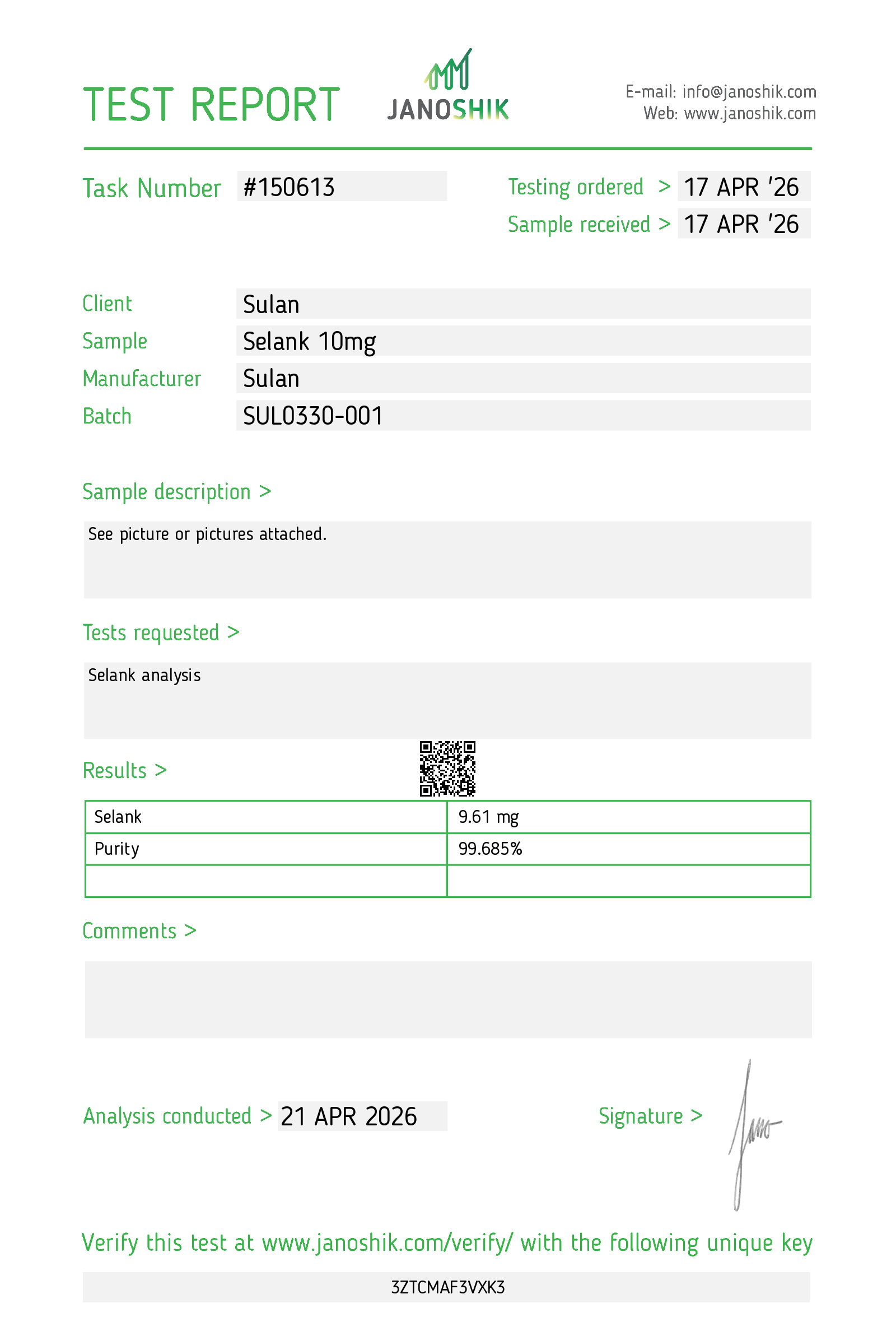 Selank 10mg Janoshik report